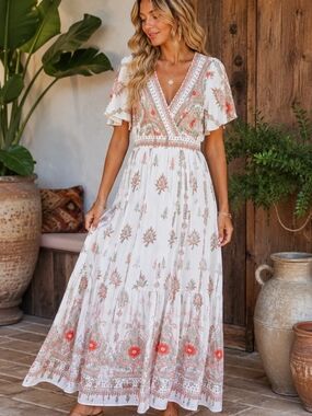 Floral Maxi Dress in White with Coral Accents